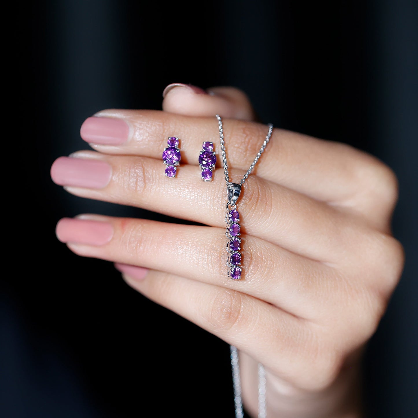 Genuine Amethyst Bar Necklace and Earring Set