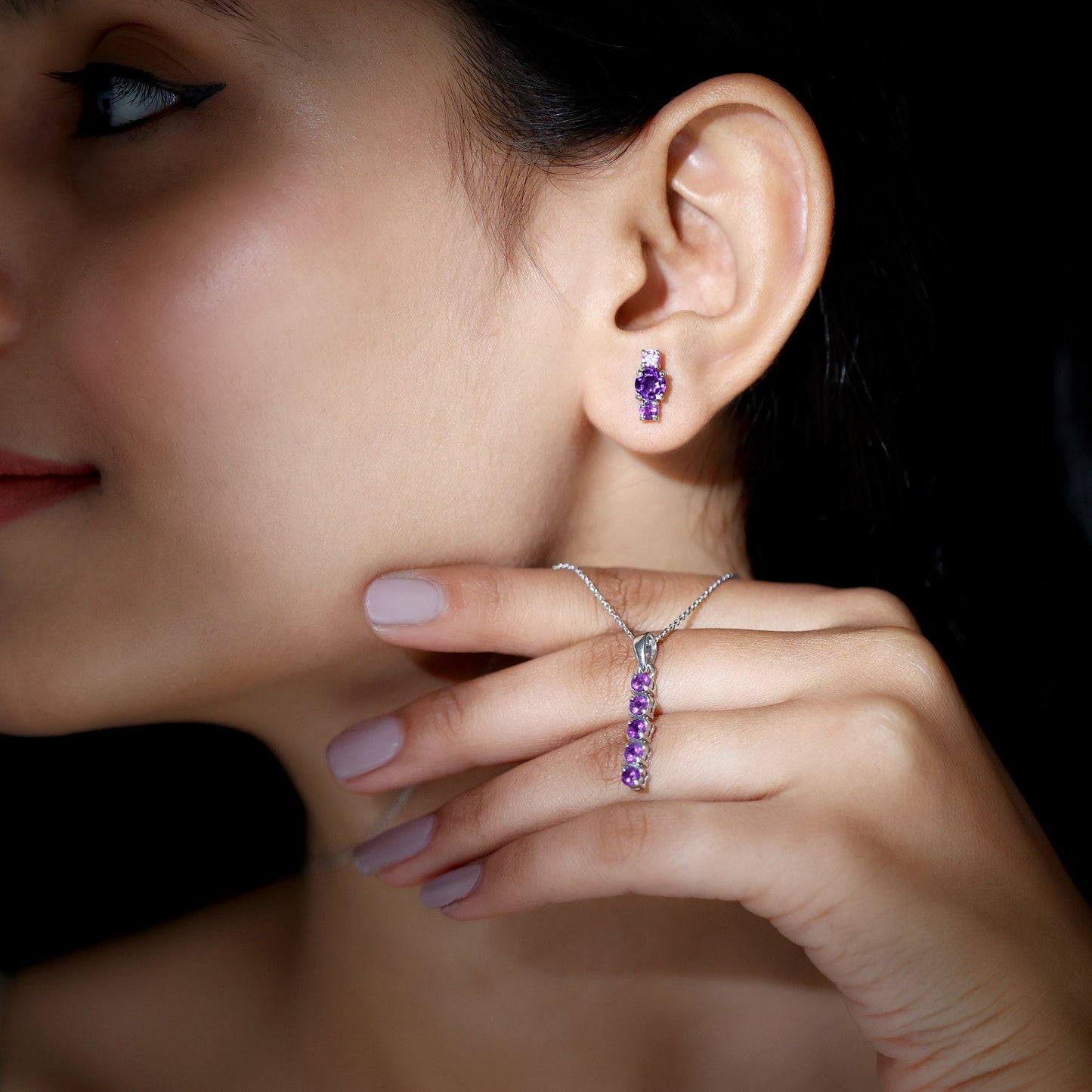 Genuine Amethyst Bar Necklace and Earring Set
