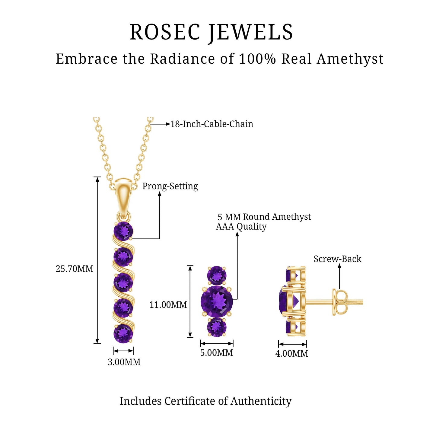 Genuine Amethyst Bar Necklace and Earring Set