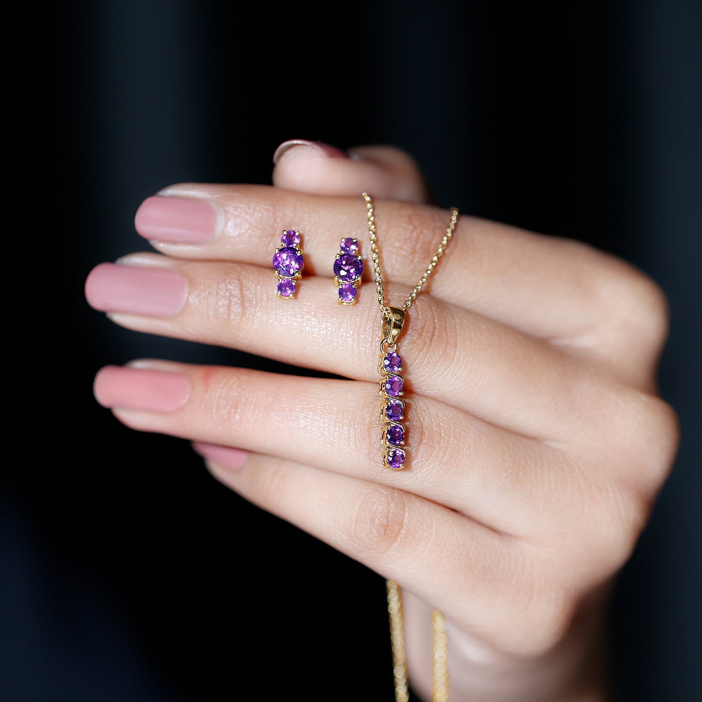 Genuine Amethyst Bar Necklace and Earring Set