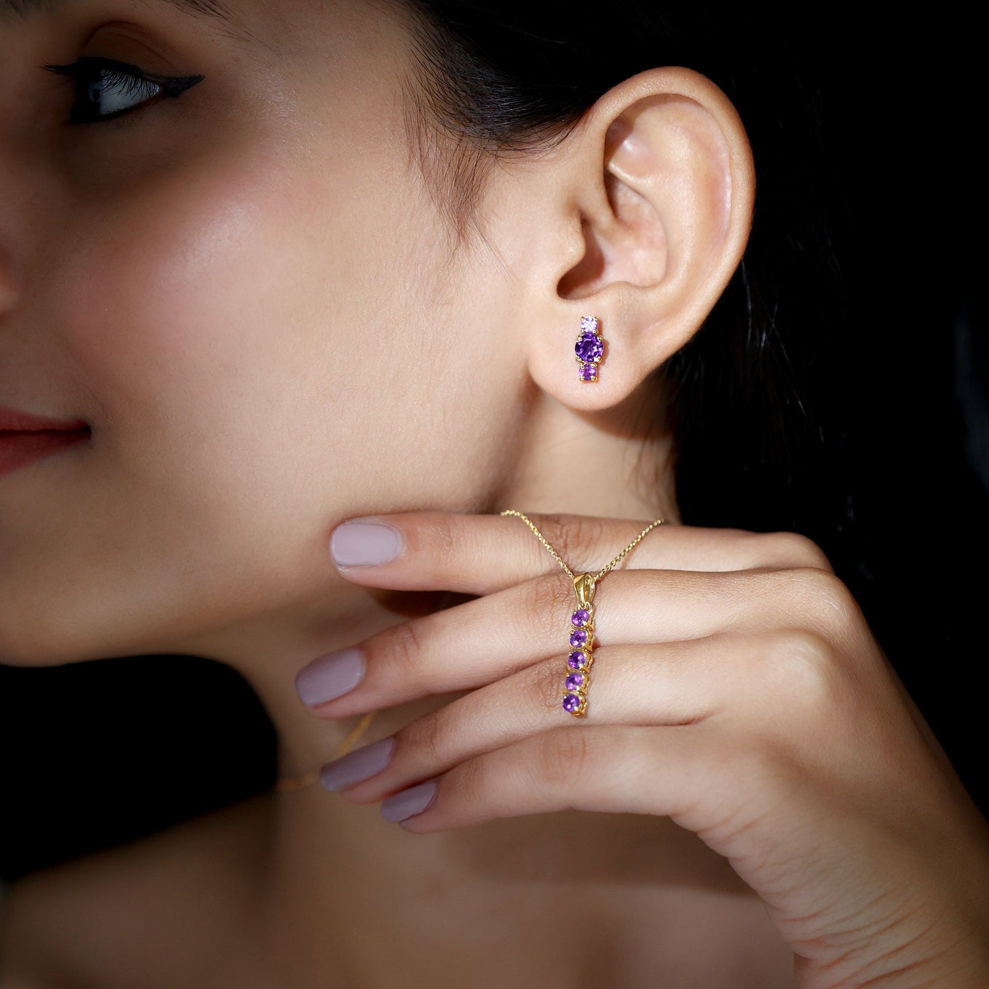 Genuine Amethyst Bar Necklace and Earring Set