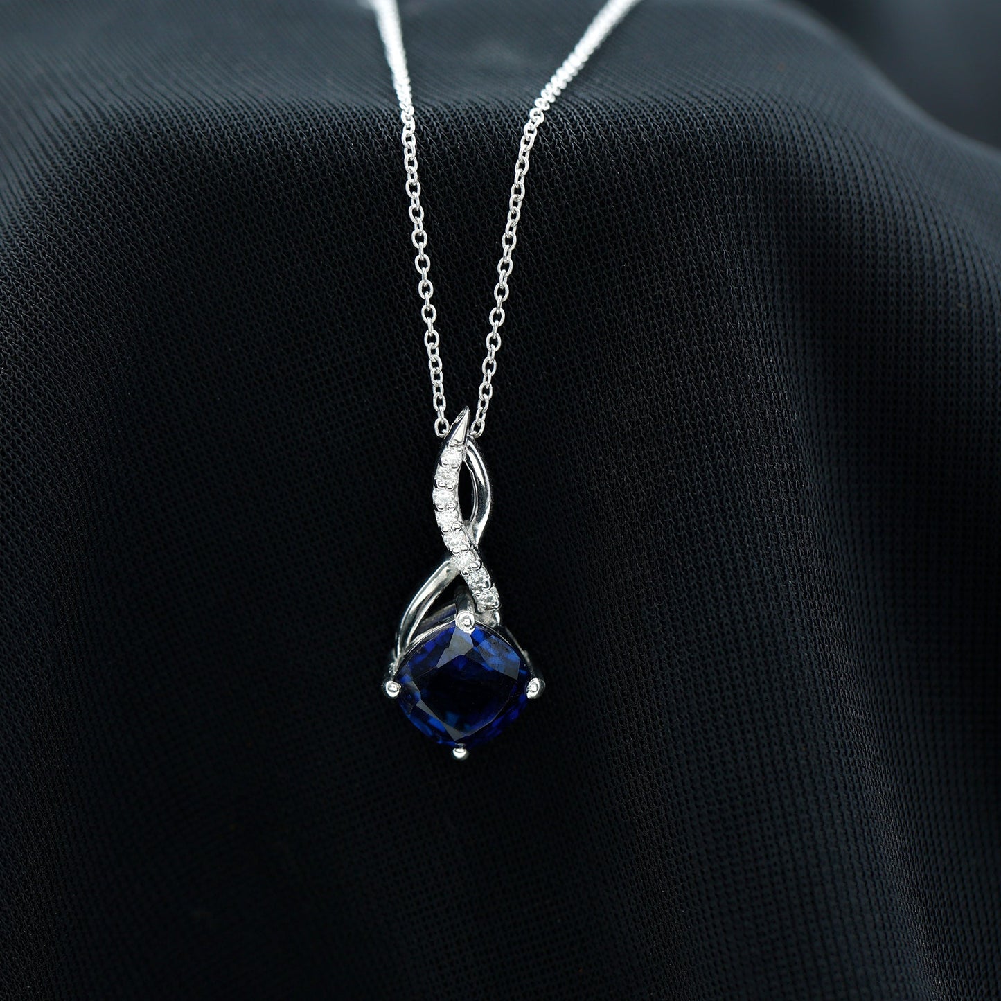 2.7 Carat Cushion Cut Lab Created Blue Sapphire Infinity Pendant
