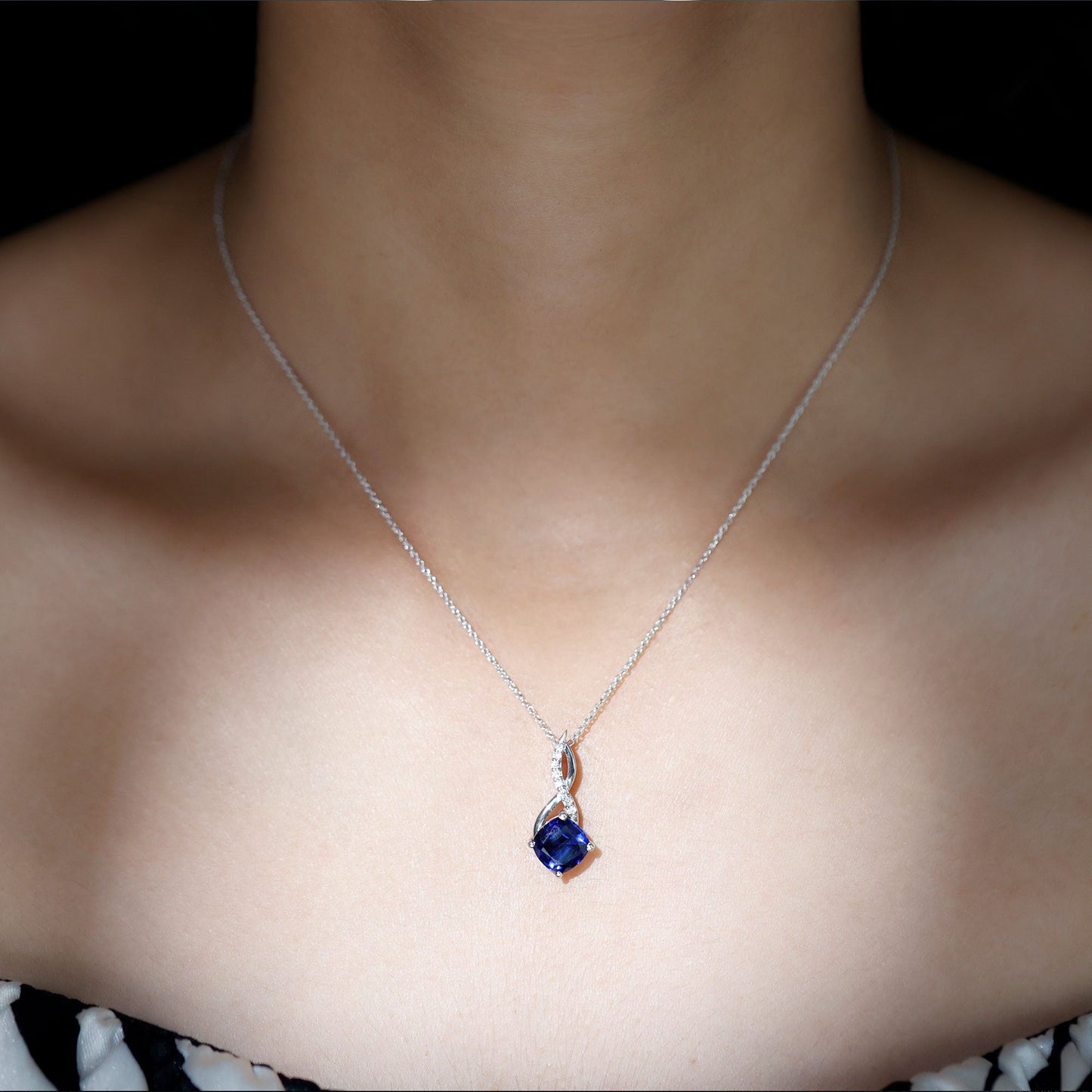 2.7 Carat Cushion Cut Lab Created Blue Sapphire Infinity Pendant