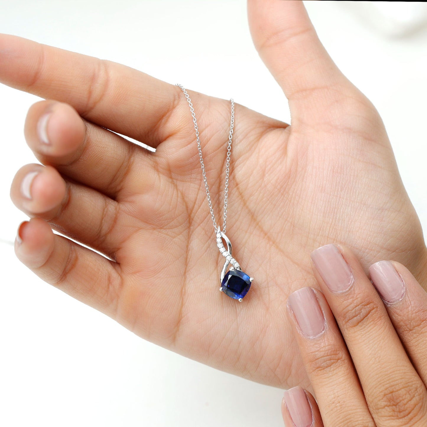 2.7 Carat Cushion Cut Lab Created Blue Sapphire Infinity Pendant