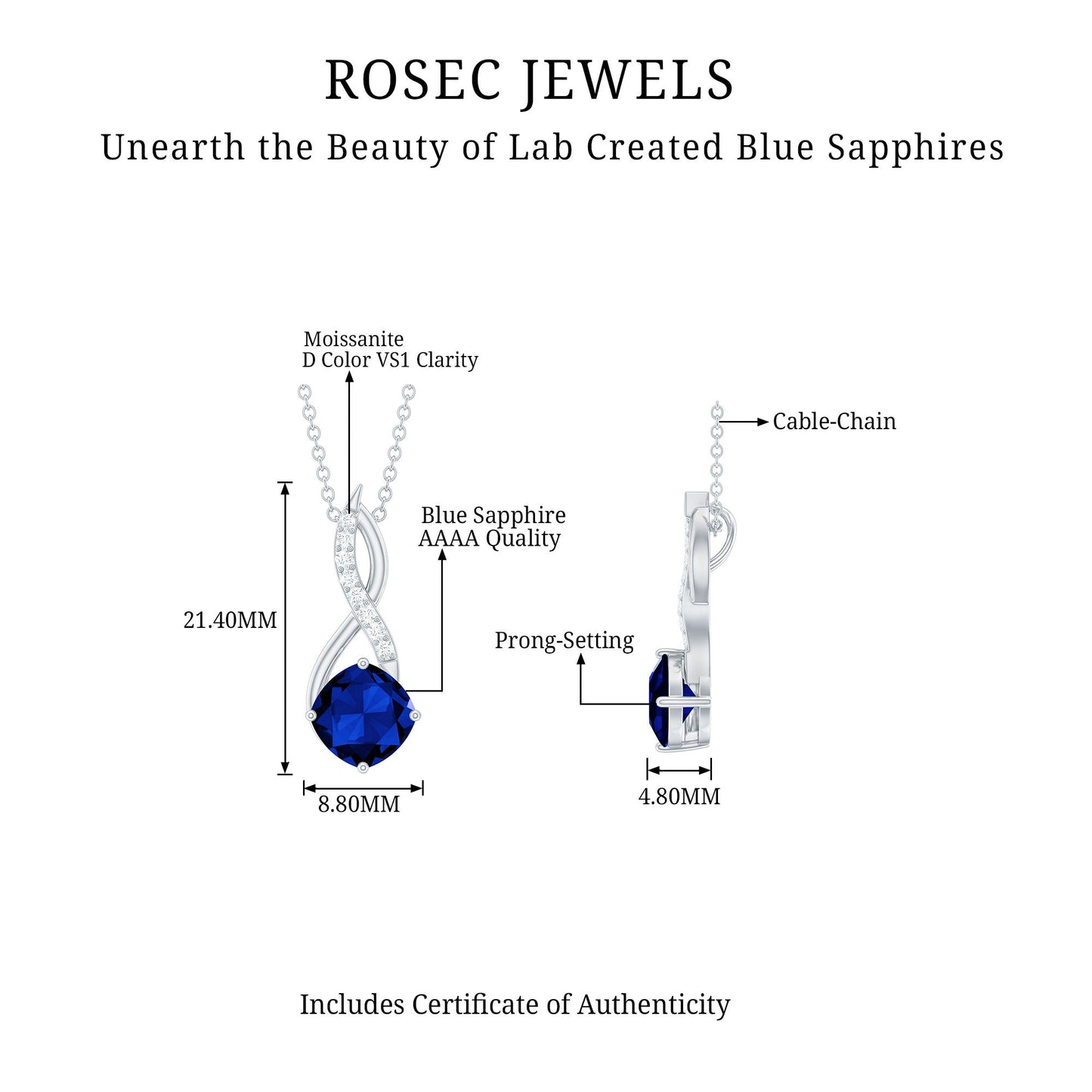 2.7 Carat Cushion Cut Lab Created Blue Sapphire Infinity Pendant