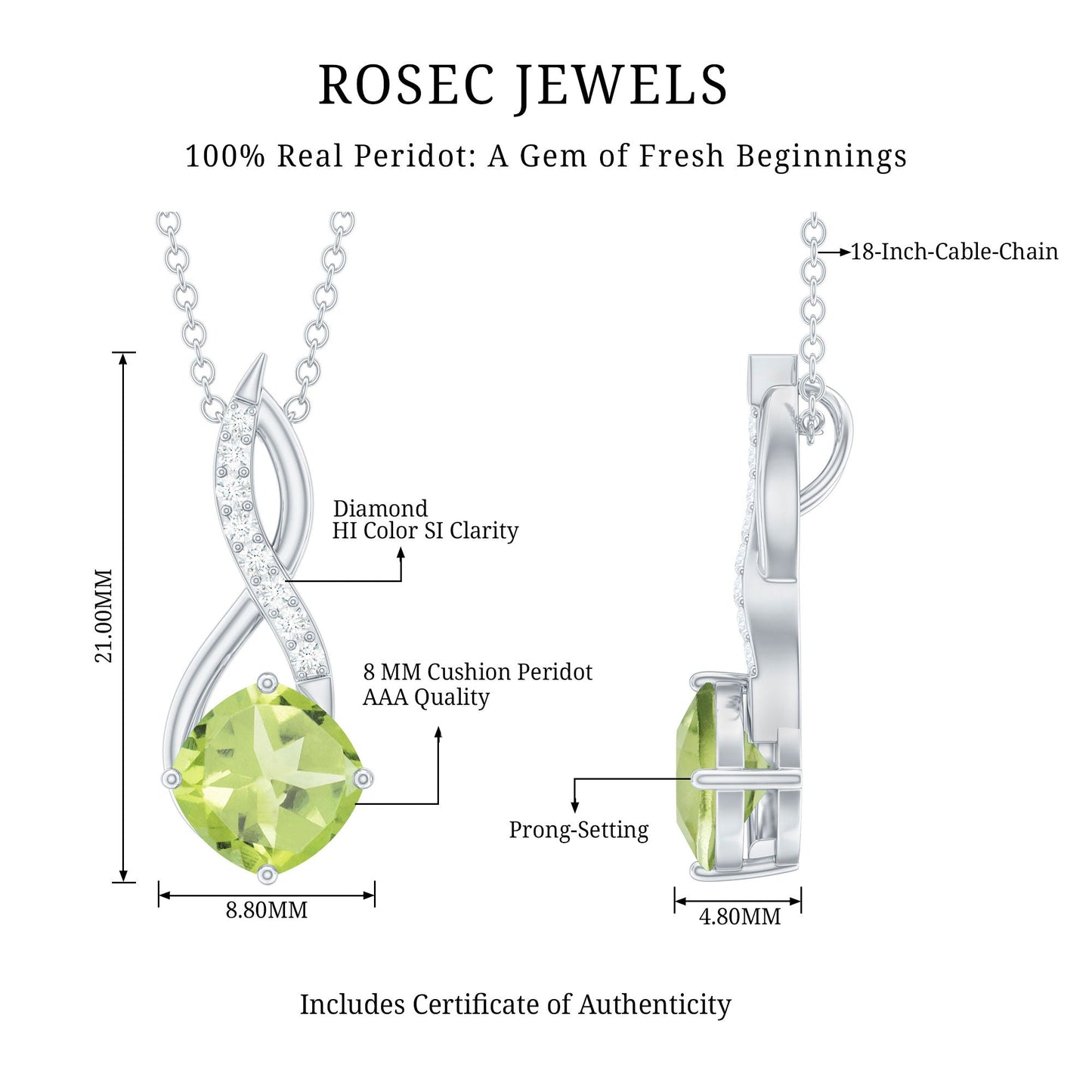 2 Carat Cushion Cut Peridot and Diamond Infinity Necklace