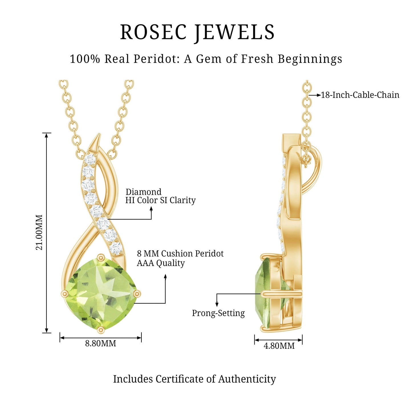 2 Carat Cushion Cut Peridot and Diamond Infinity Necklace