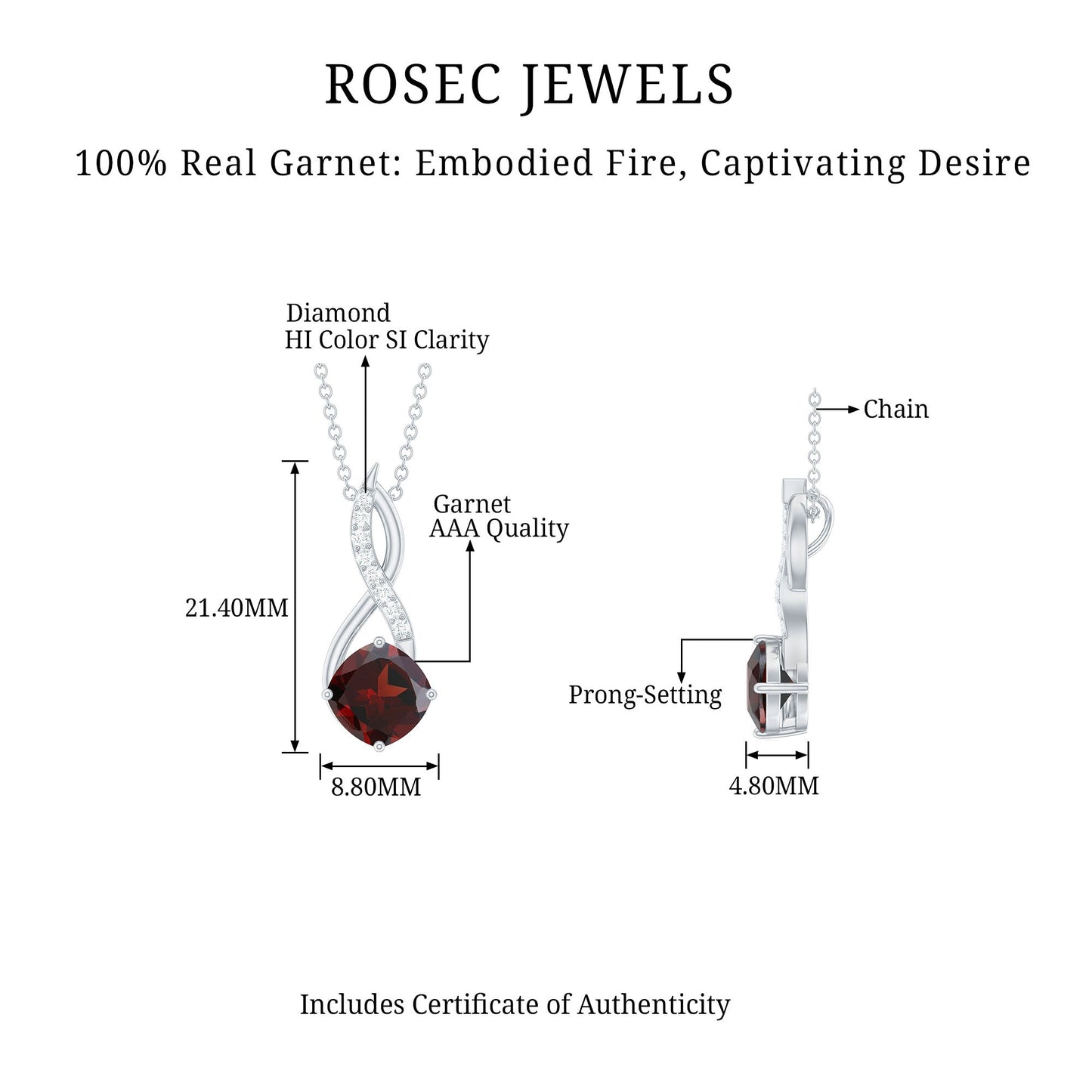 3.2 Carat Cushion Garnet Drop Infinity Necklace with Diamond