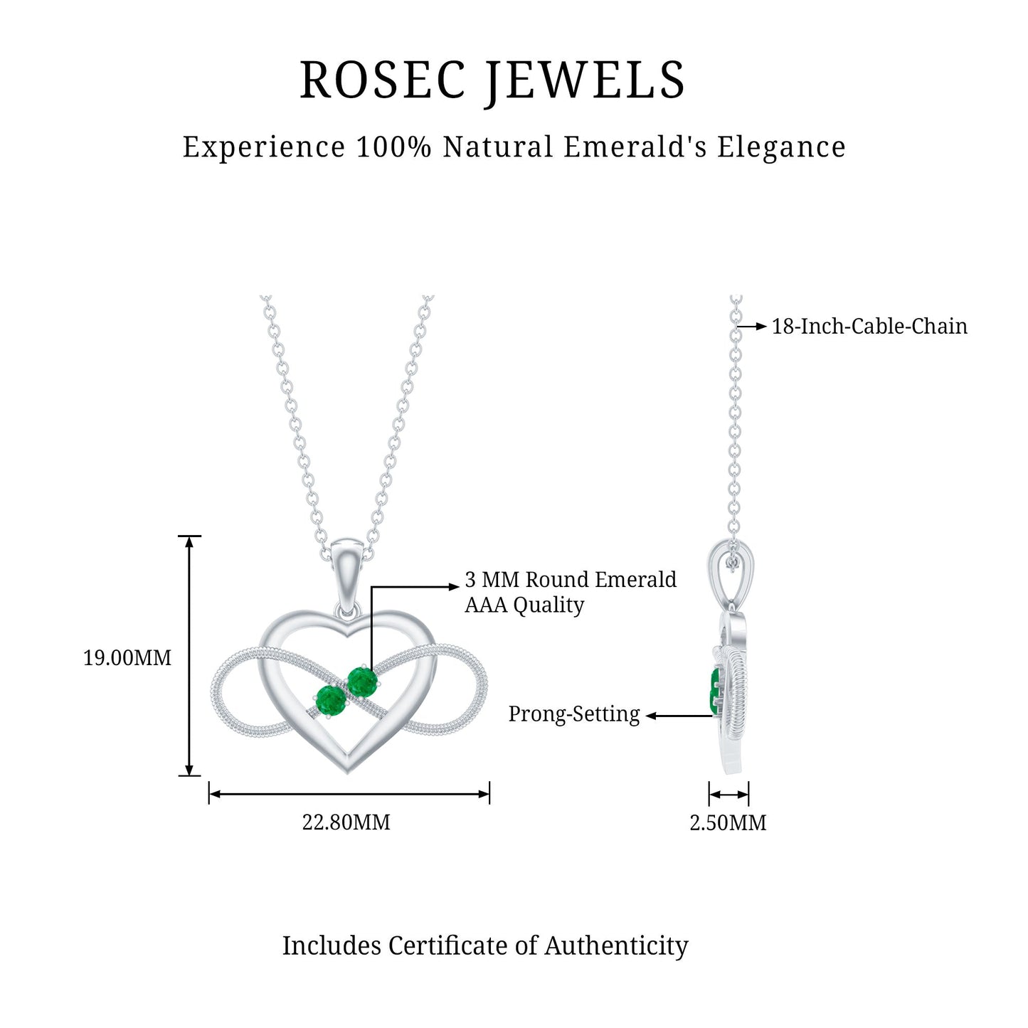 Heart Infinity Necklace with Real Emerald