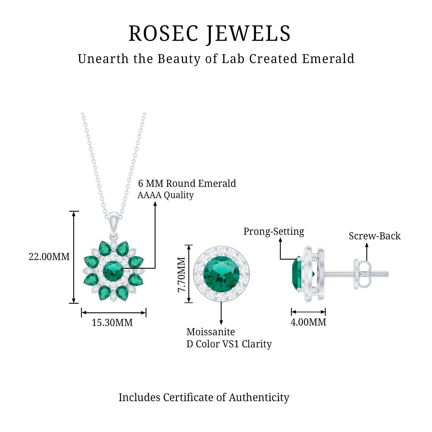 Lab Created Emerald and Moissanite Flower Jewelry Set