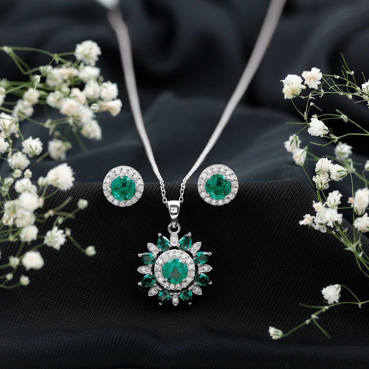 Lab Created Emerald and Moissanite Flower Jewelry Set