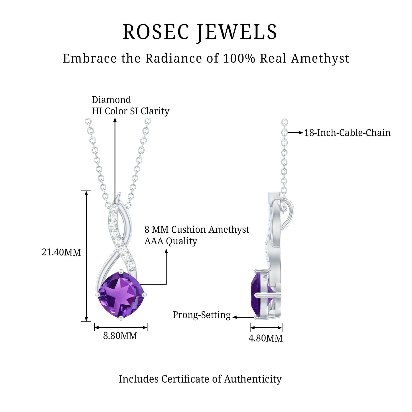 Natural 2 Carat Cushion Cut Amethyst Infinity Necklace with Diamond