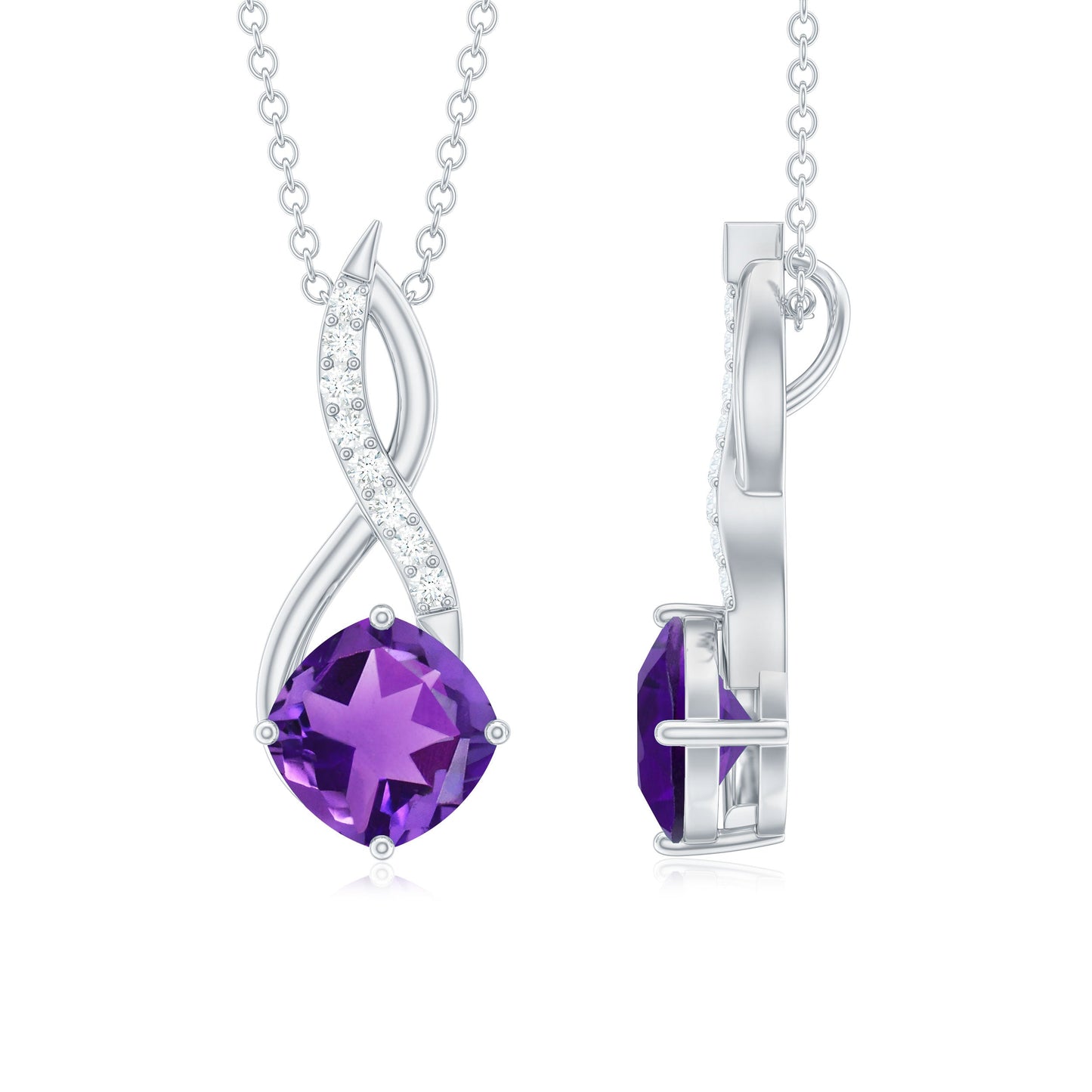 Natural 2 Carat Cushion Cut Amethyst Infinity Necklace with Diamond