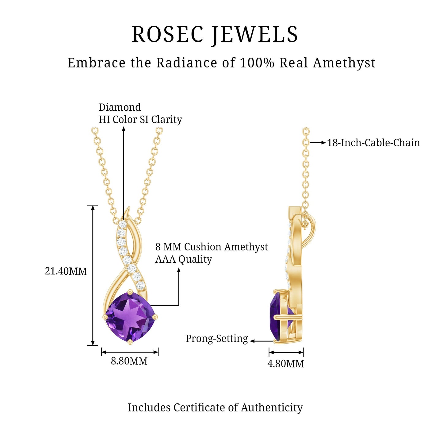 Natural 2 Carat Cushion Cut Amethyst Infinity Necklace with Diamond
