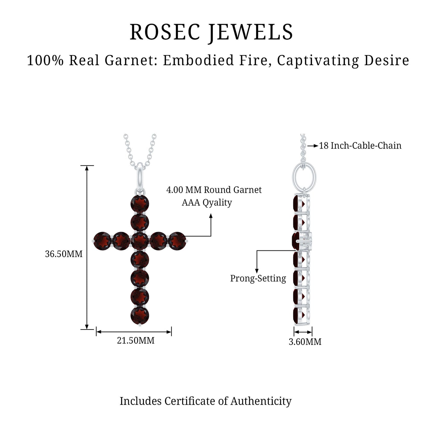 Genuine 3.7 Carat Garnet Cross Pendant Necklace