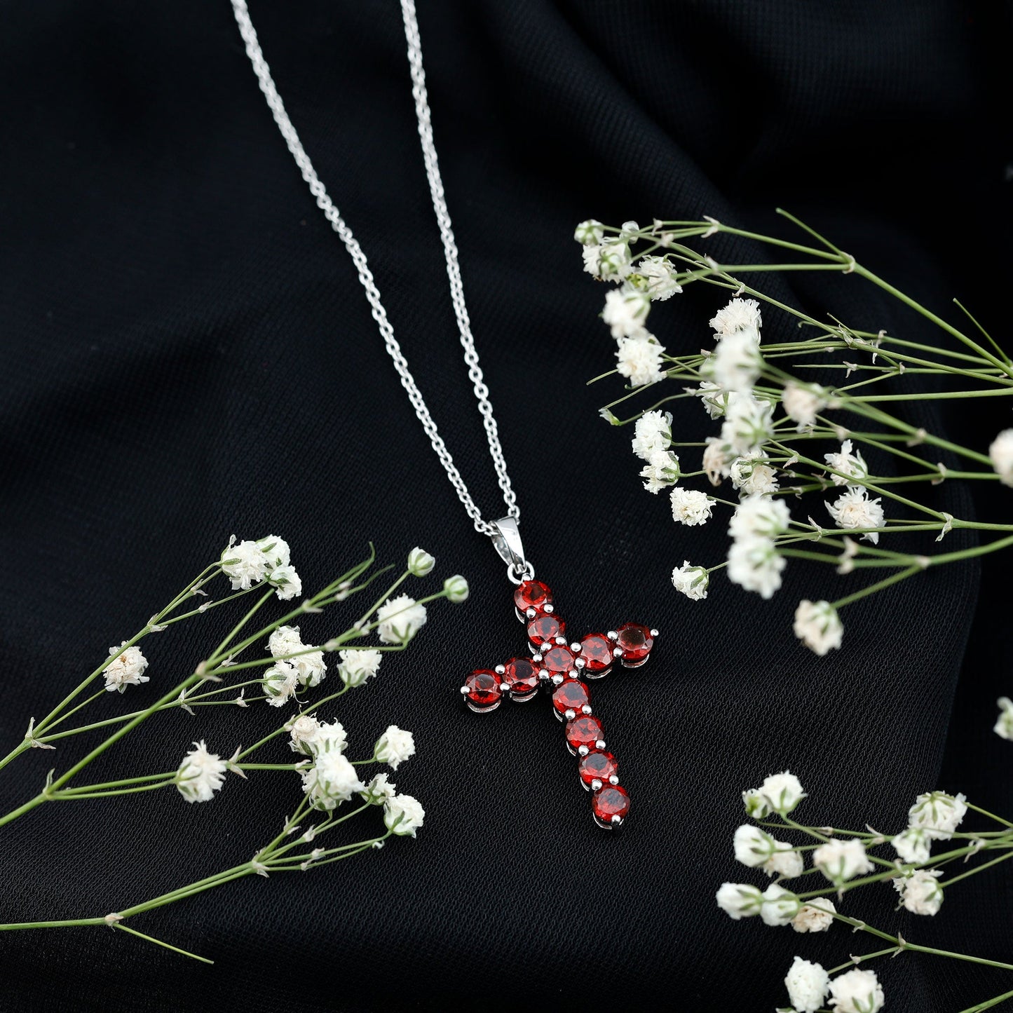 Genuine 3.7 Carat Garnet Cross Pendant Necklace