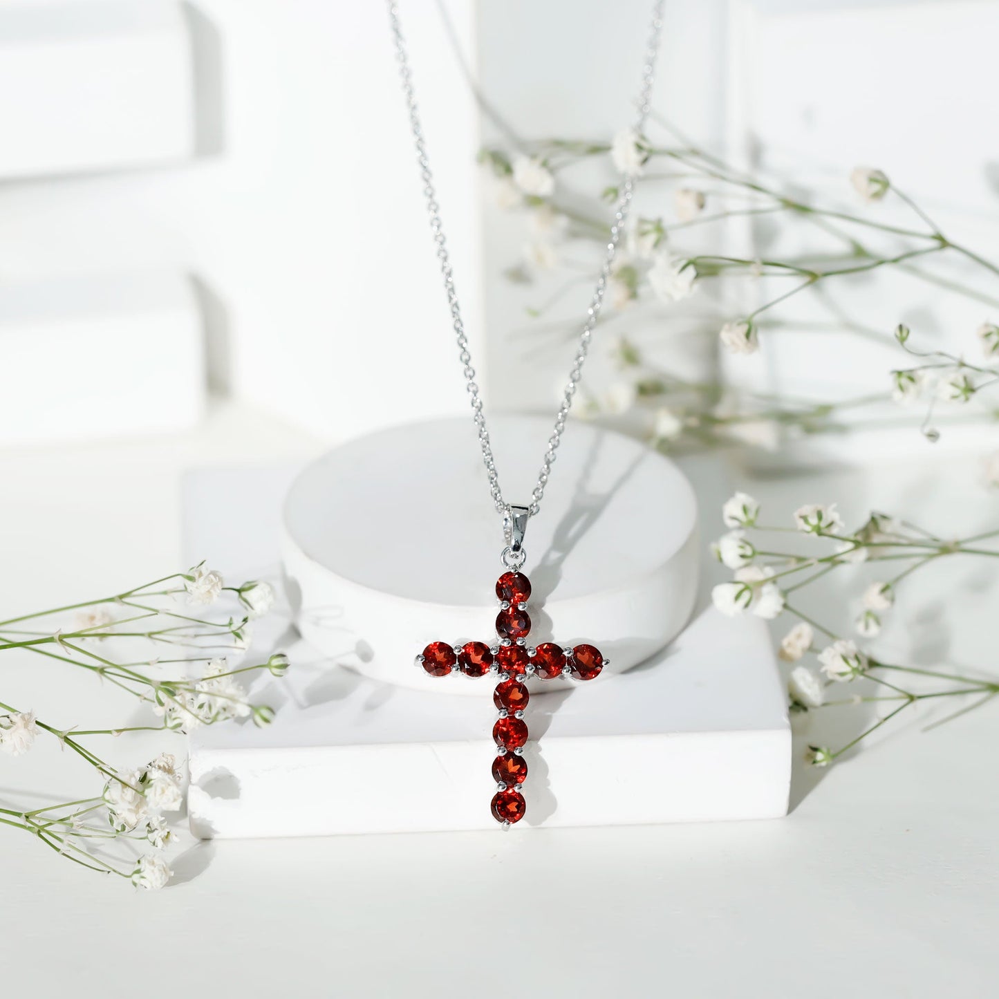 Genuine 3.7 Carat Garnet Cross Pendant Necklace