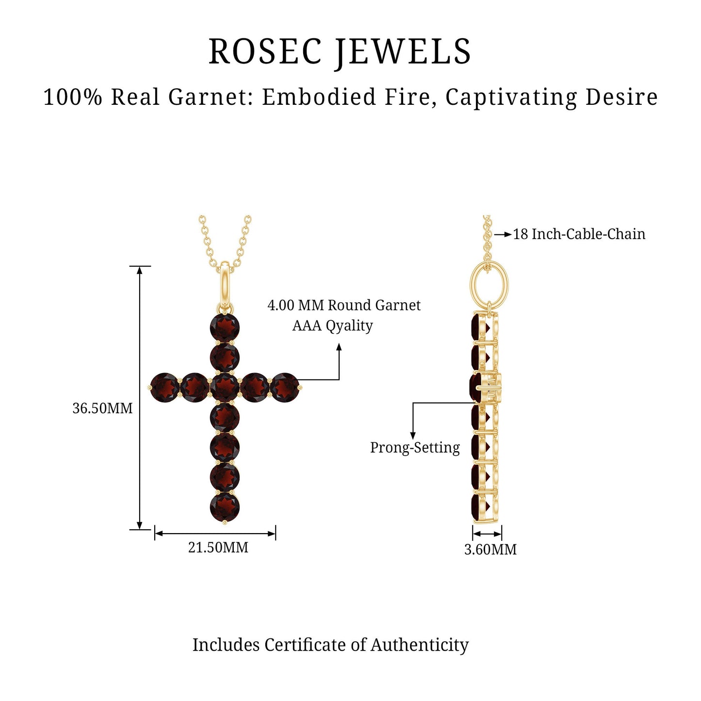 Genuine 3.7 Carat Garnet Cross Pendant Necklace