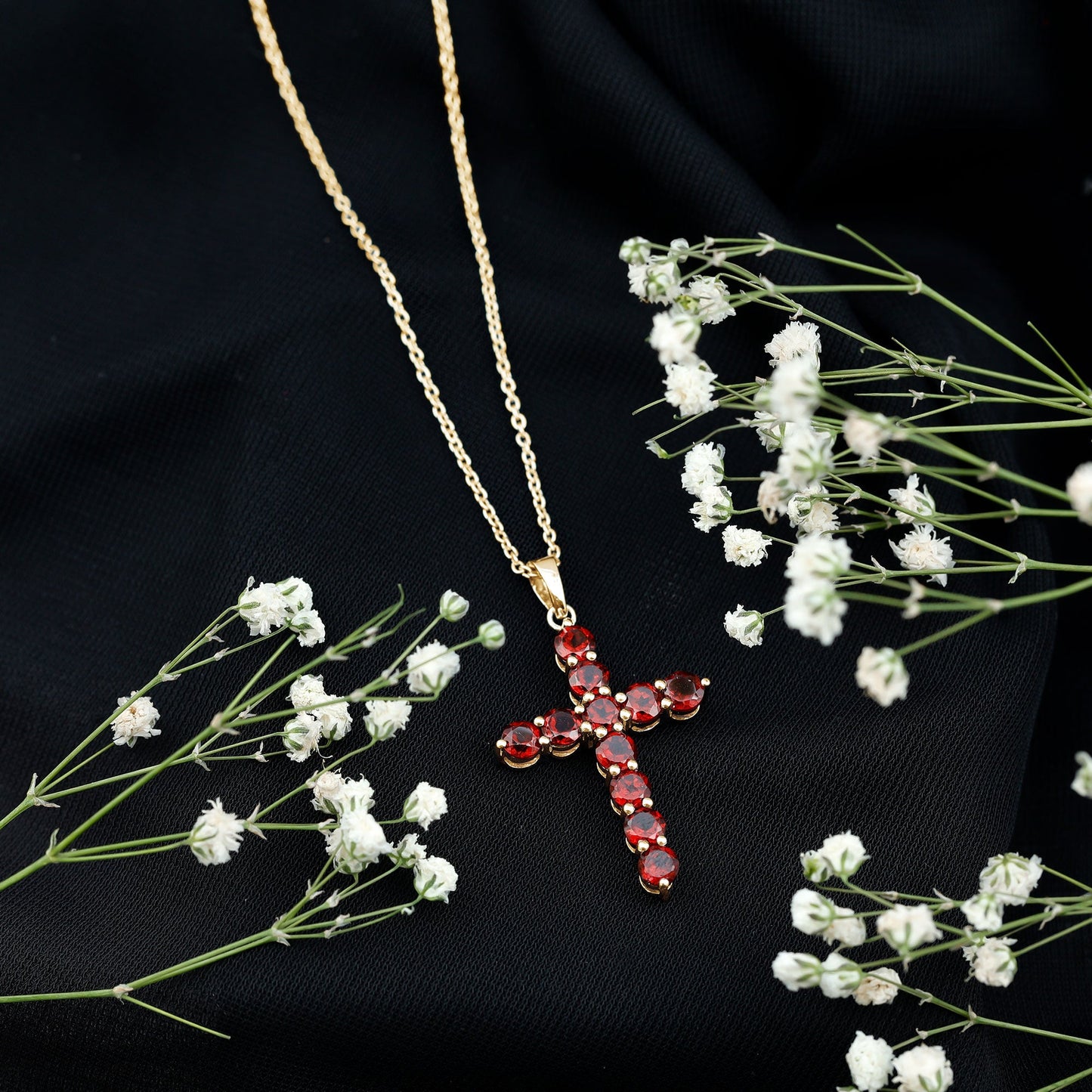 Genuine 3.7 Carat Garnet Cross Pendant Necklace