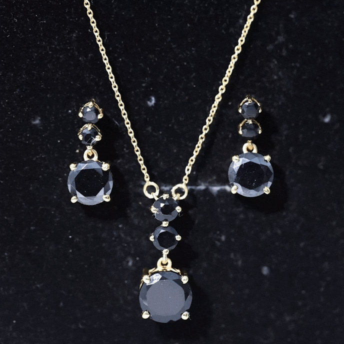Genuine 5 Carat Black Onyx Three Stone Necklace With Earrings