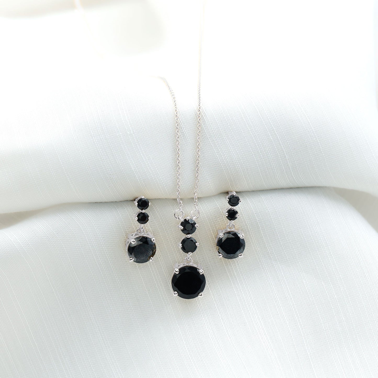 Genuine 5 Carat Black Onyx Three Stone Necklace With Earrings