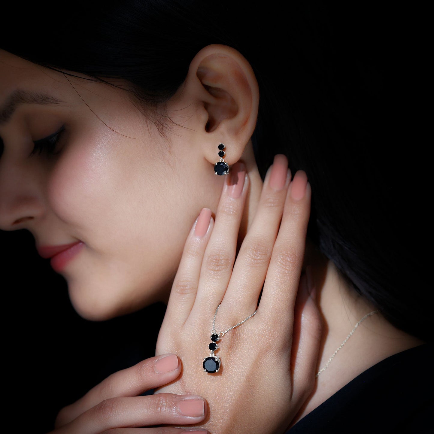 Genuine 5 Carat Black Onyx Three Stone Necklace With Earrings