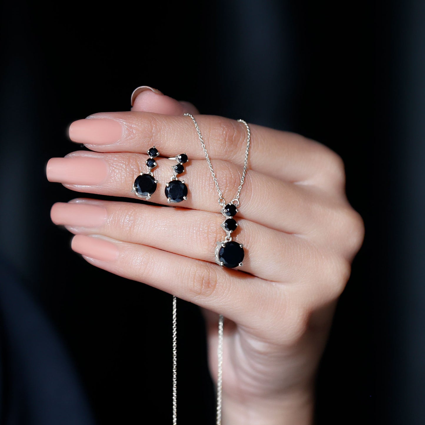 Genuine 5 Carat Black Onyx Three Stone Necklace With Earrings
