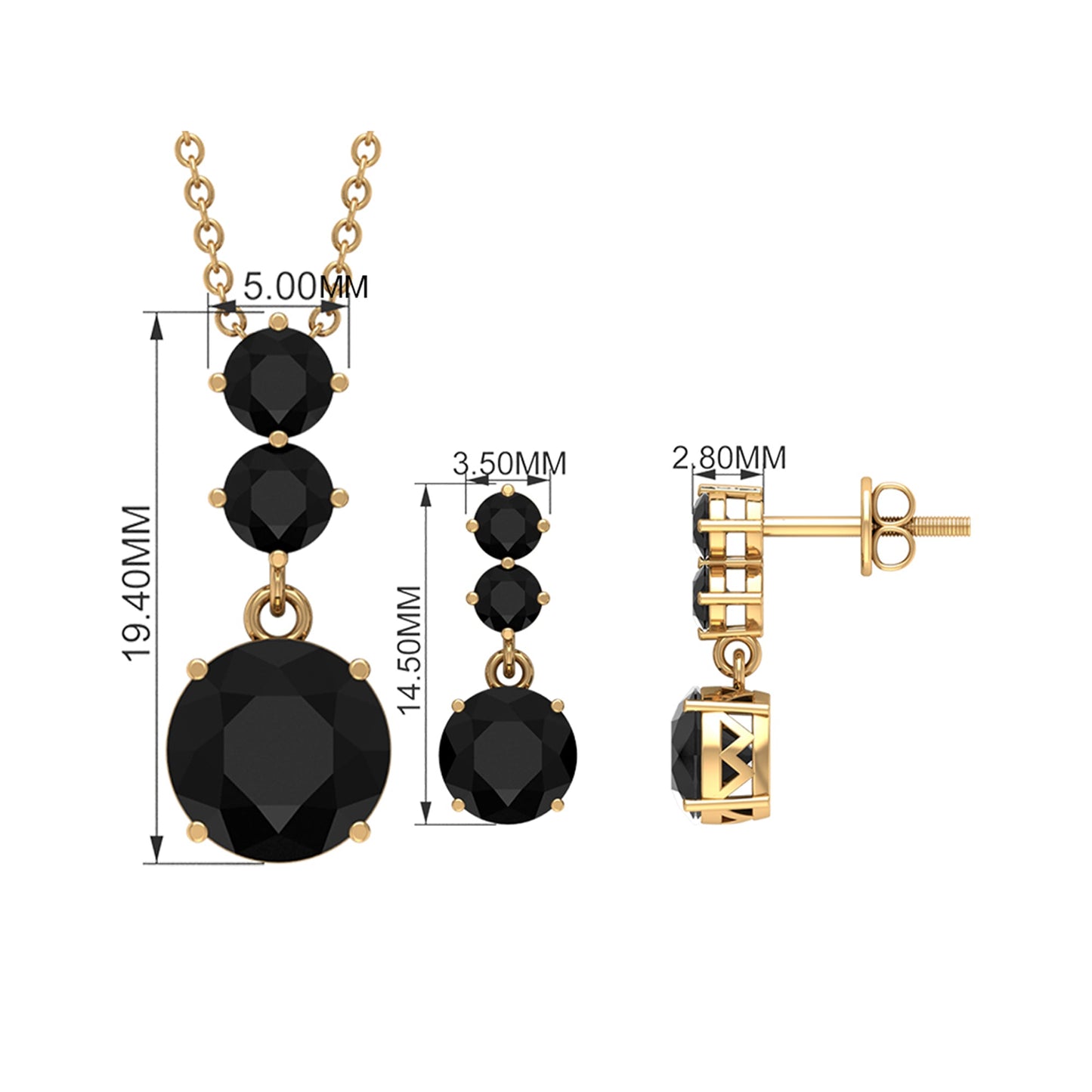 Genuine 5 Carat Black Onyx Three Stone Necklace With Earrings