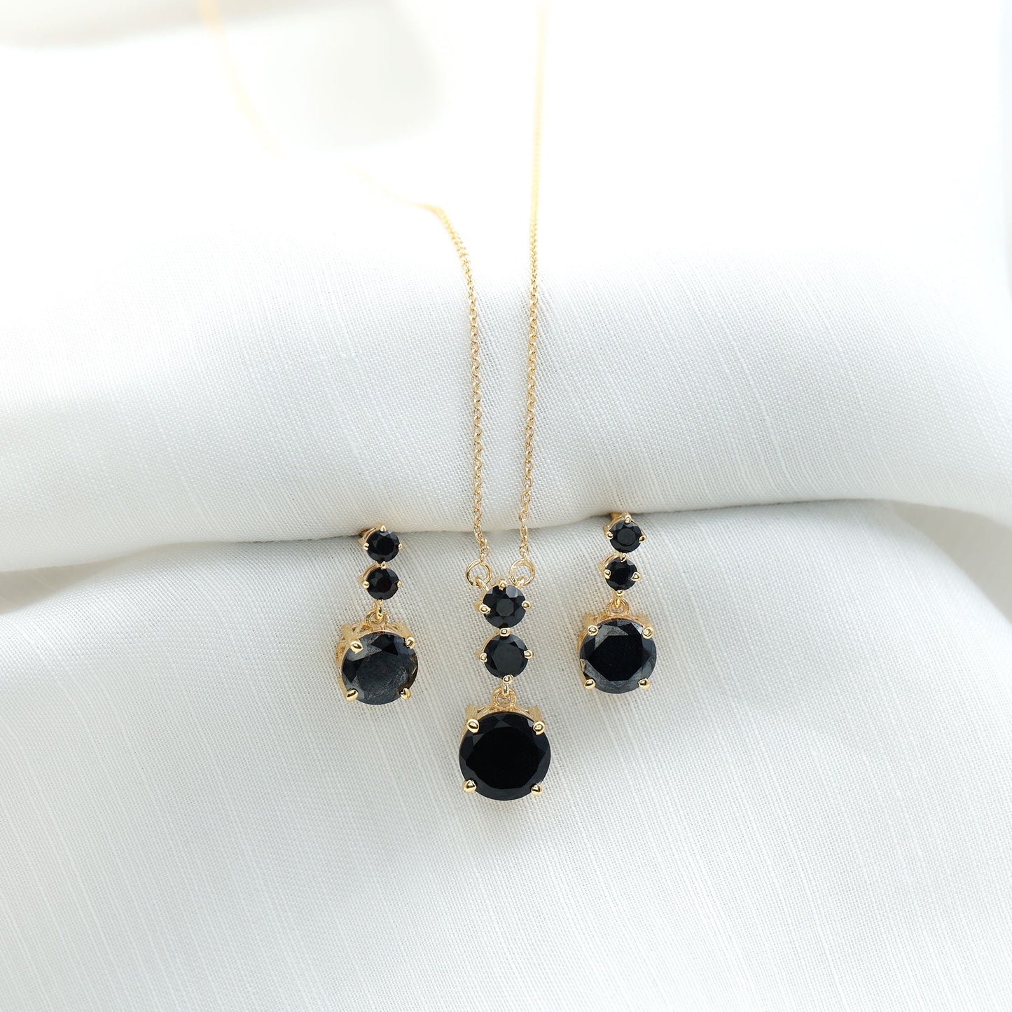 Genuine 5 Carat Black Onyx Three Stone Necklace With Earrings