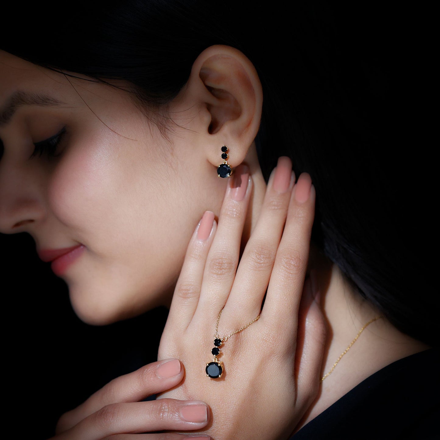 Genuine 5 Carat Black Onyx Three Stone Necklace With Earrings