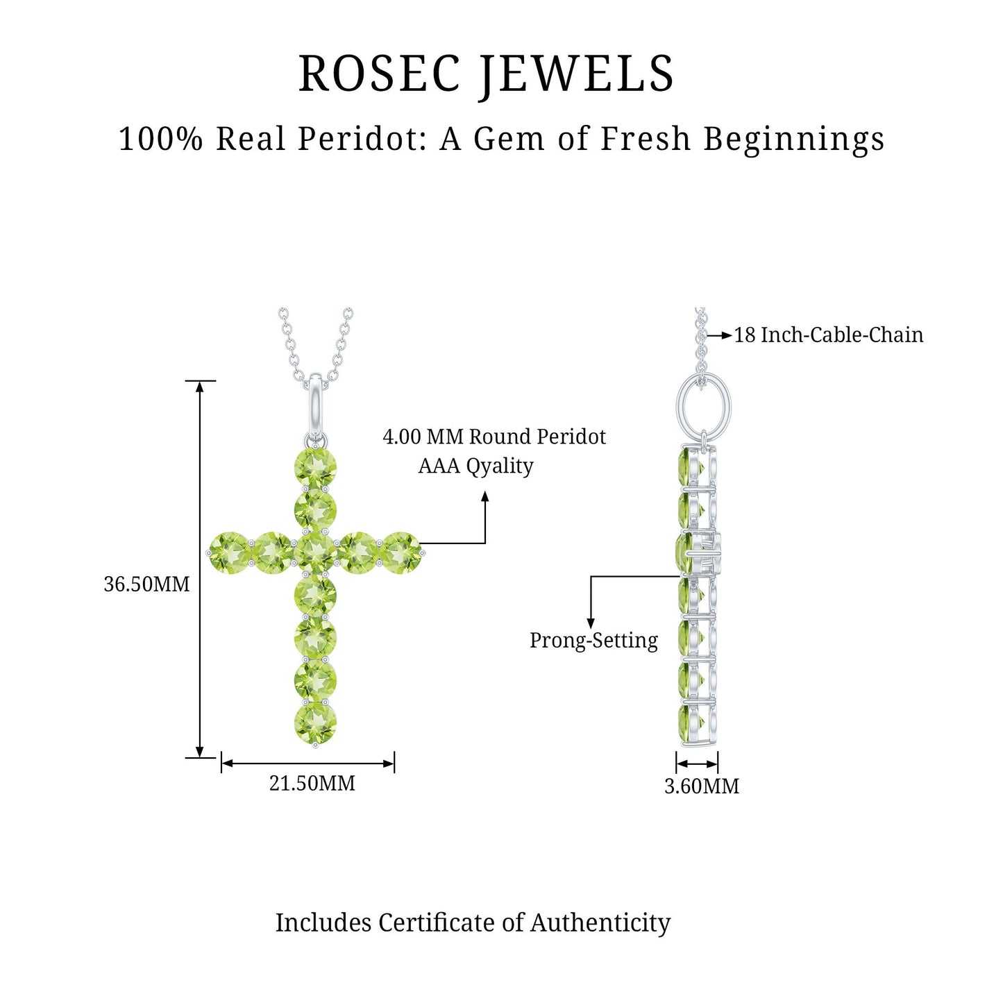 Natural 2.4 Carat Peridot Cross Pendant Necklace with Silver Chain