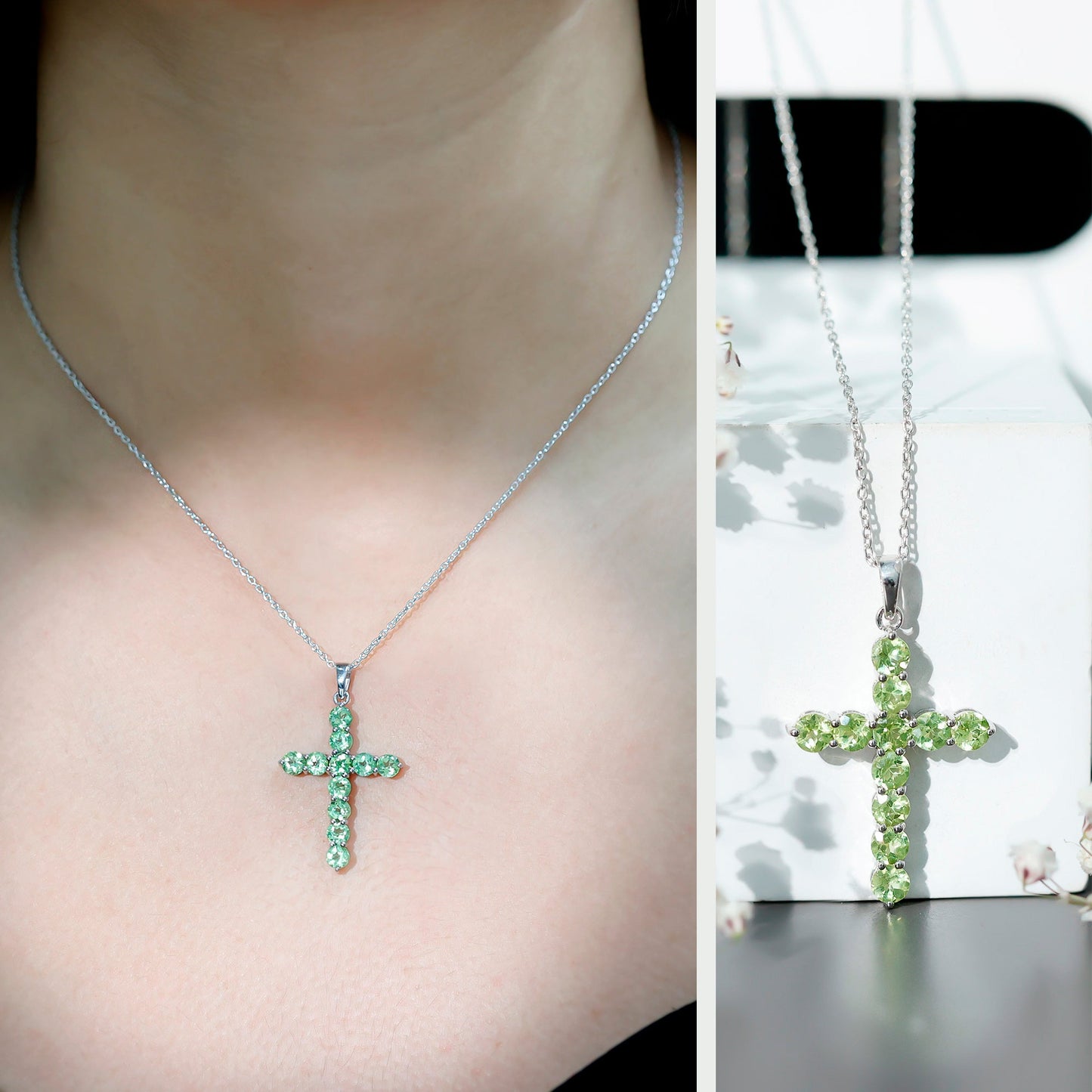 Natural 2.4 Carat Peridot Cross Pendant Necklace with Silver Chain