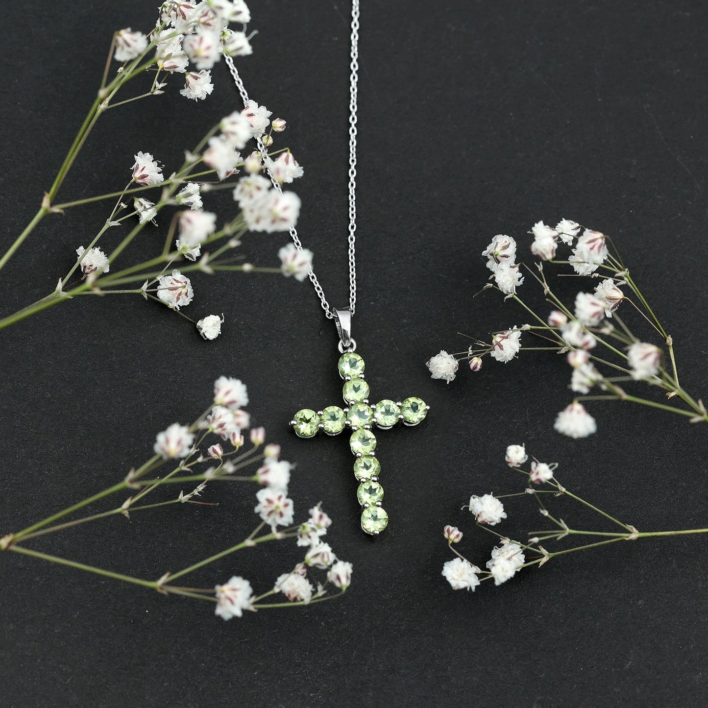 Natural 2.4 Carat Peridot Cross Pendant Necklace with Silver Chain