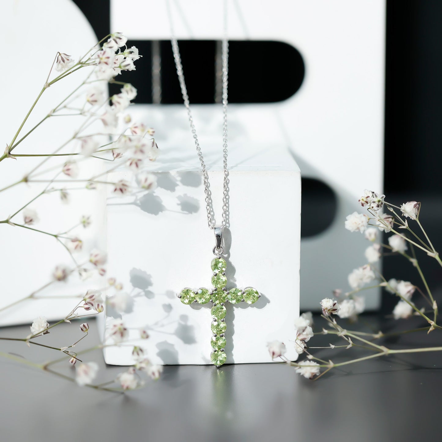 Natural 2.4 Carat Peridot Cross Pendant Necklace with Silver Chain