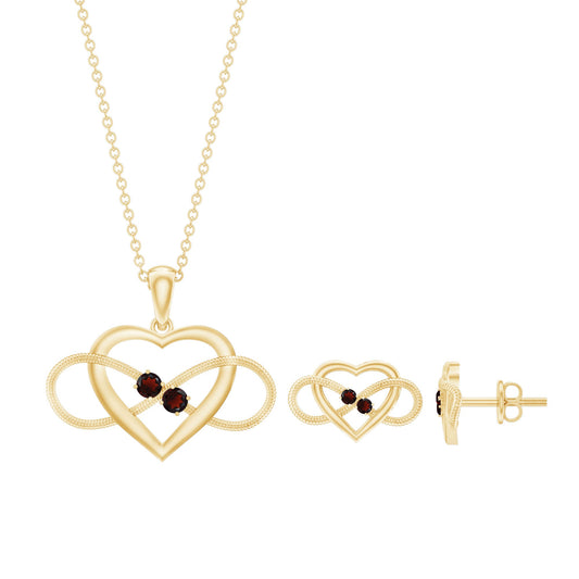 Natural Garnet Heart Infinity Necklace and Earrings Set