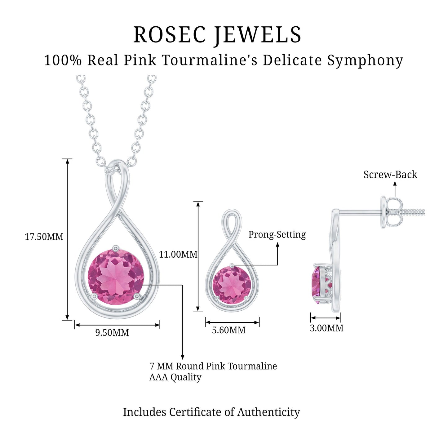 Genuine 2 Carat Pink Tourmaline Infinity Necklace and Earrings Set