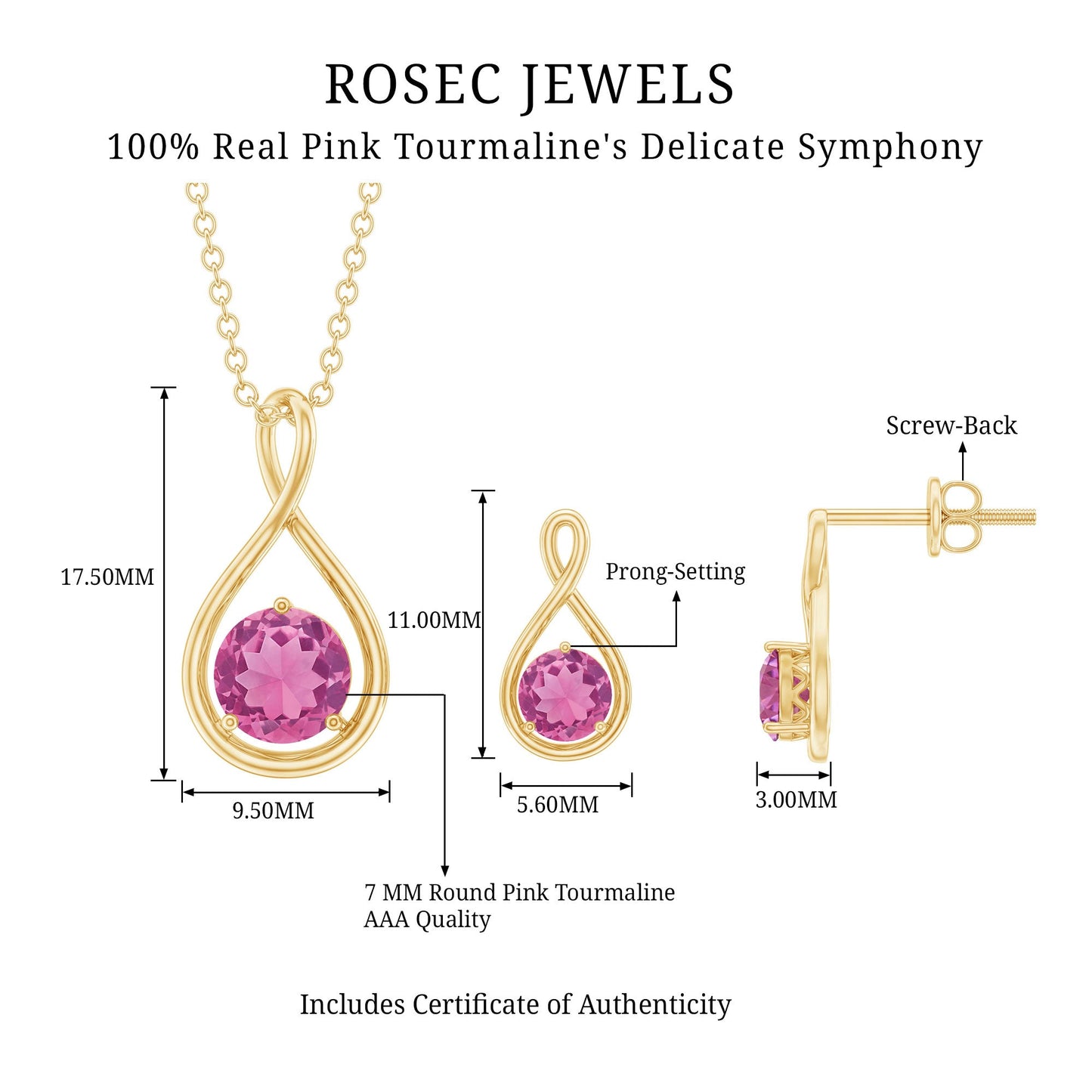 Genuine 2 Carat Pink Tourmaline Infinity Necklace and Earrings Set