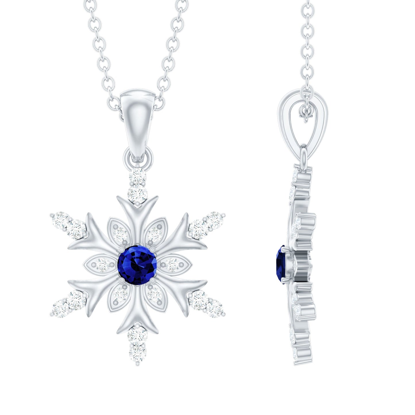 Lab Created Blue Sapphire Designer Snowflake Pendant with Diamond