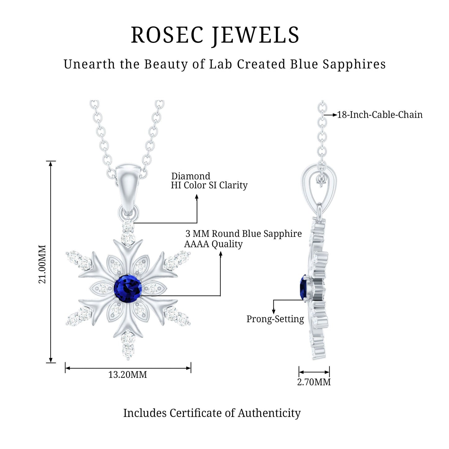 Lab Created Blue Sapphire Designer Snowflake Pendant with Diamond