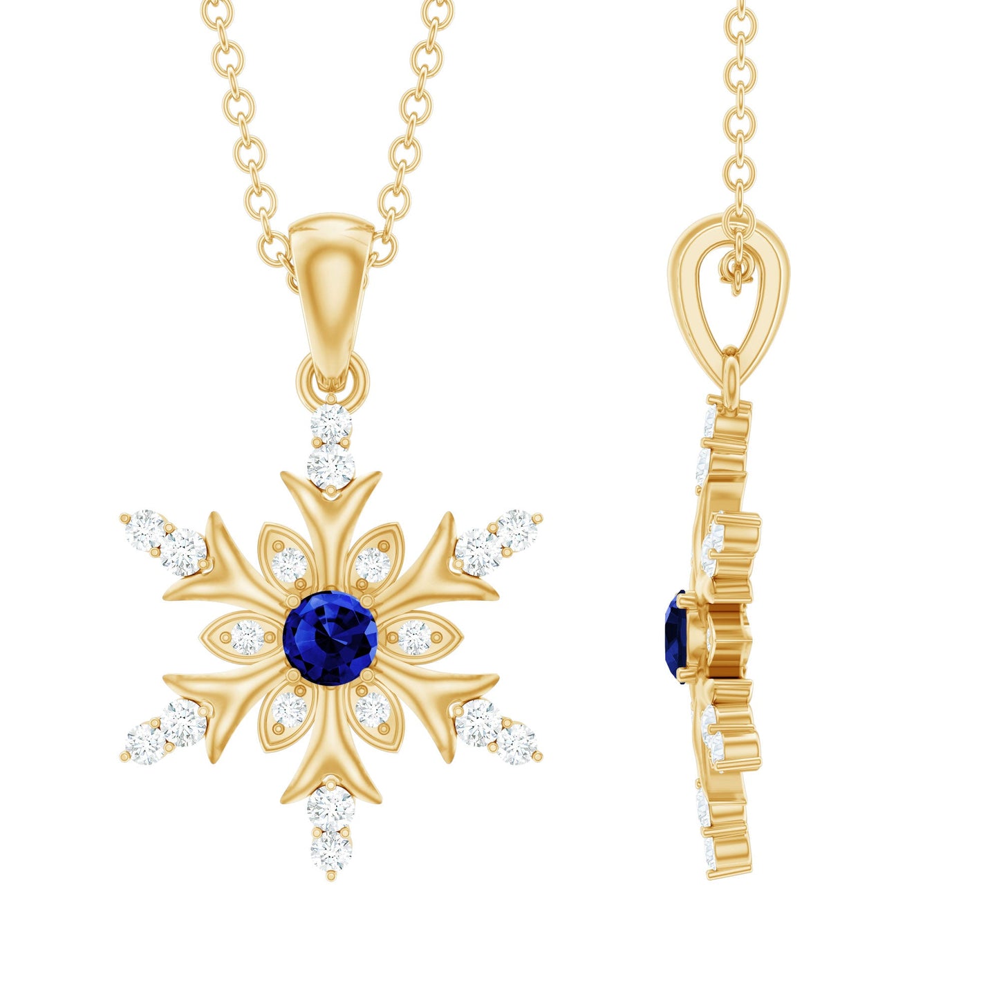 Lab Created Blue Sapphire Designer Snowflake Pendant with Diamond