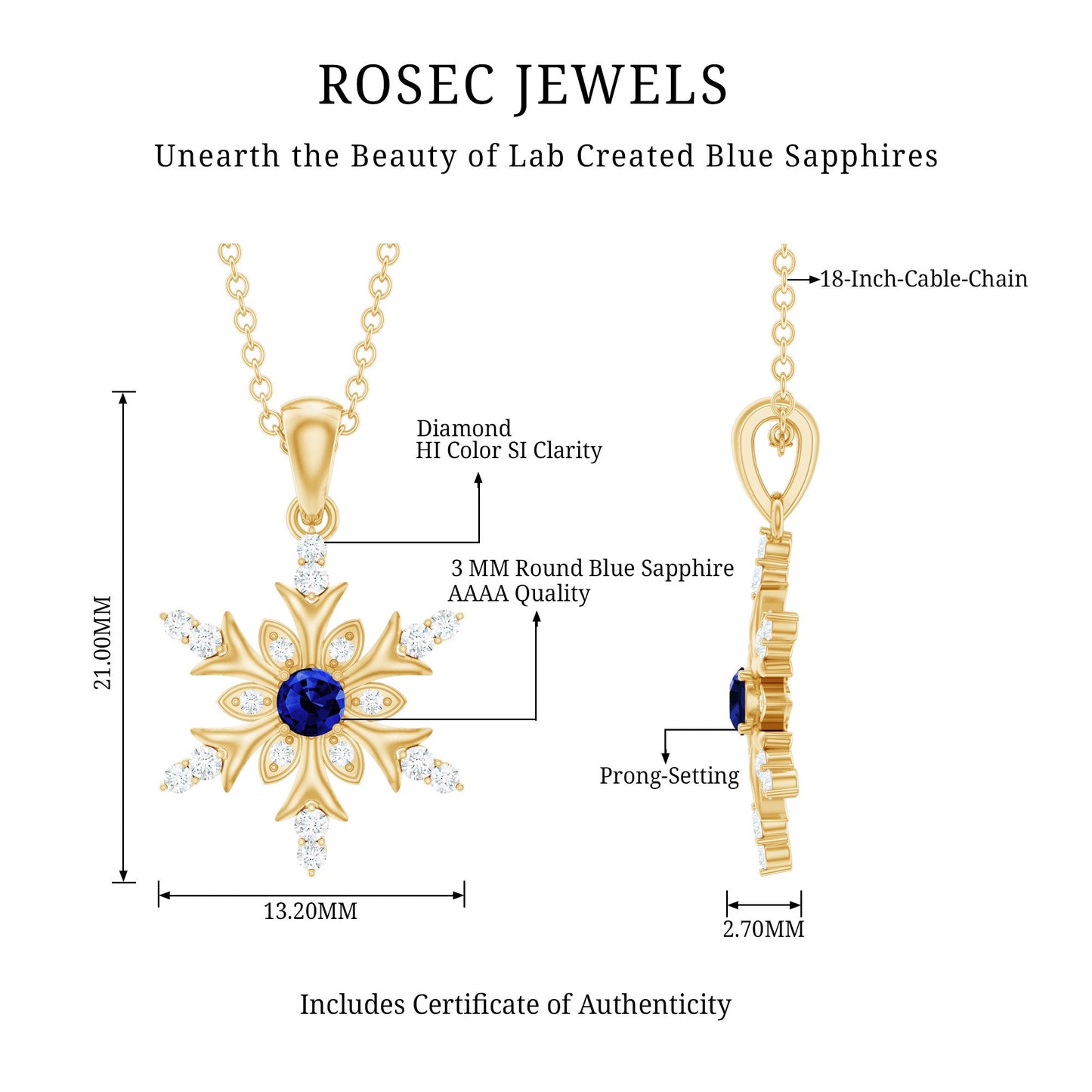 Lab Created Blue Sapphire Designer Snowflake Pendant with Diamond