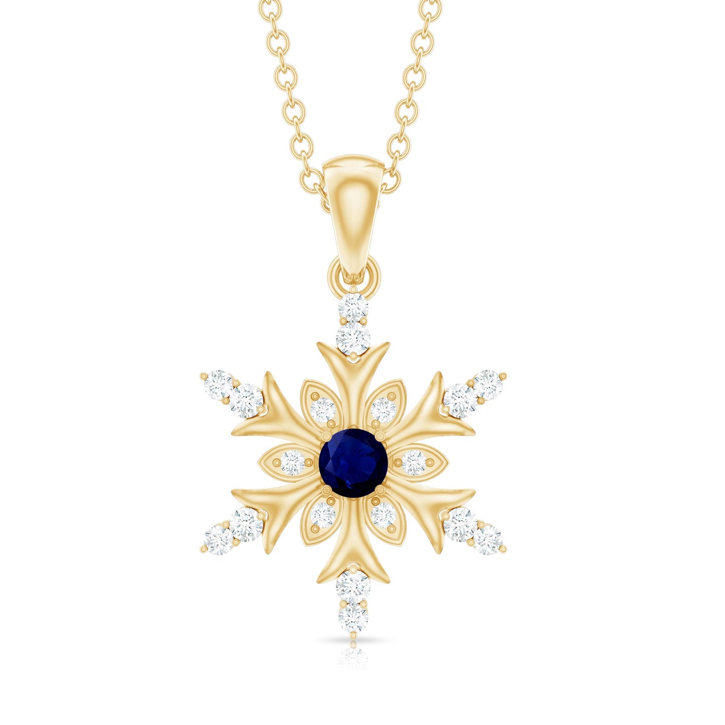 Lab Created Blue Sapphire Designer Snowflake Pendant with Diamond