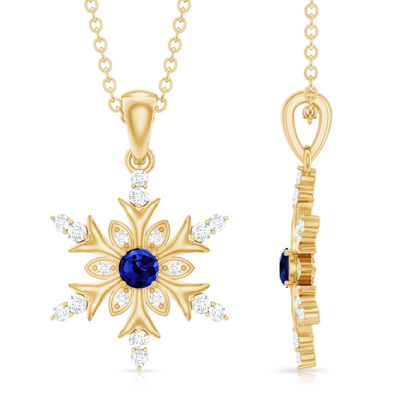 Lab Created Blue Sapphire Designer Snowflake Pendant with Diamond