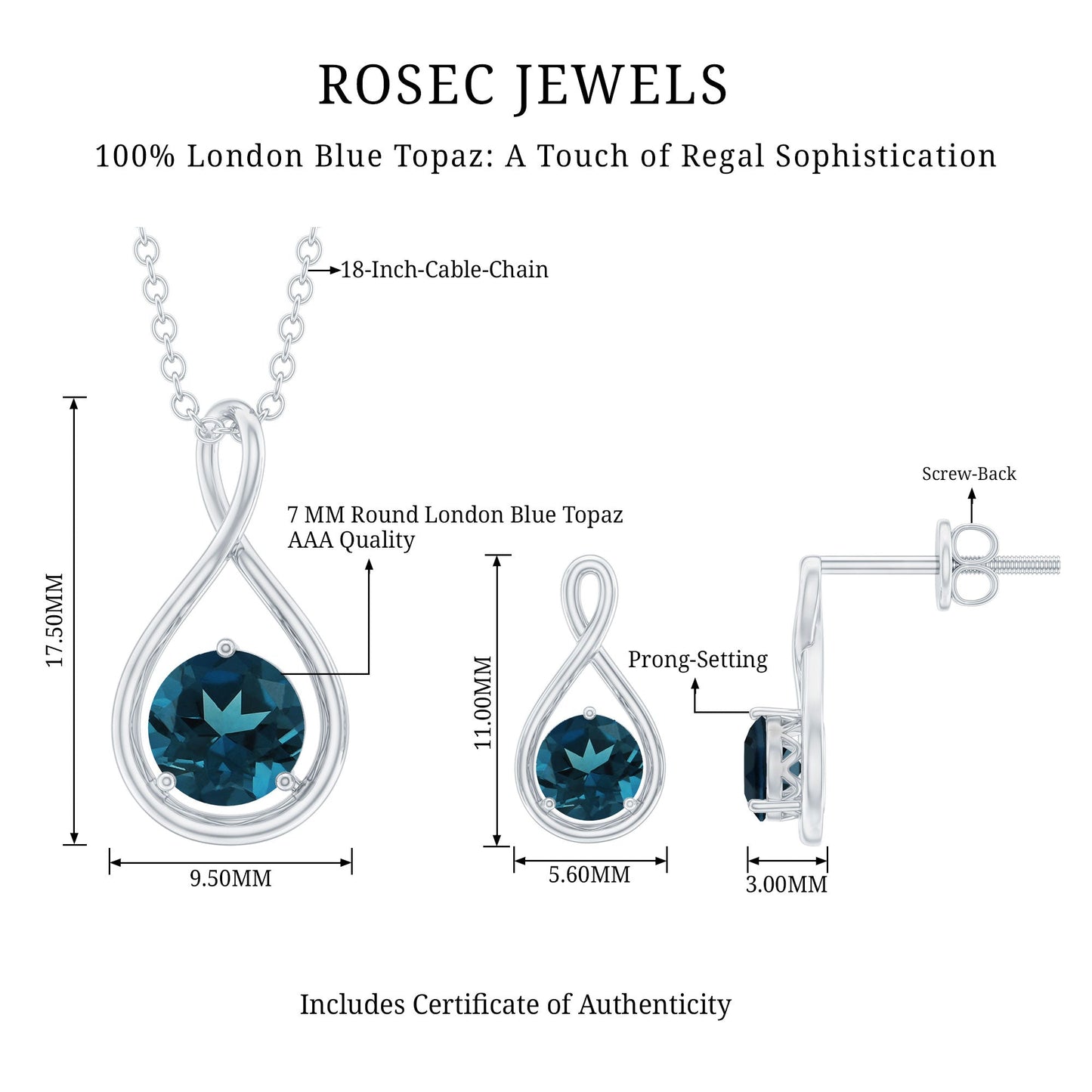 London Blue Topaz Solitaire Pendant and Earring Set with Infinity Design