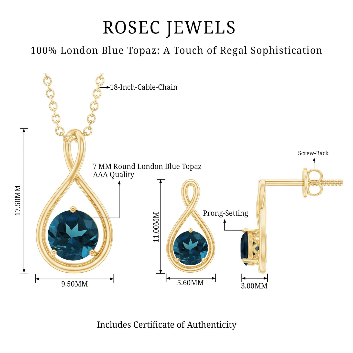 London Blue Topaz Solitaire Pendant and Earring Set with Infinity Design