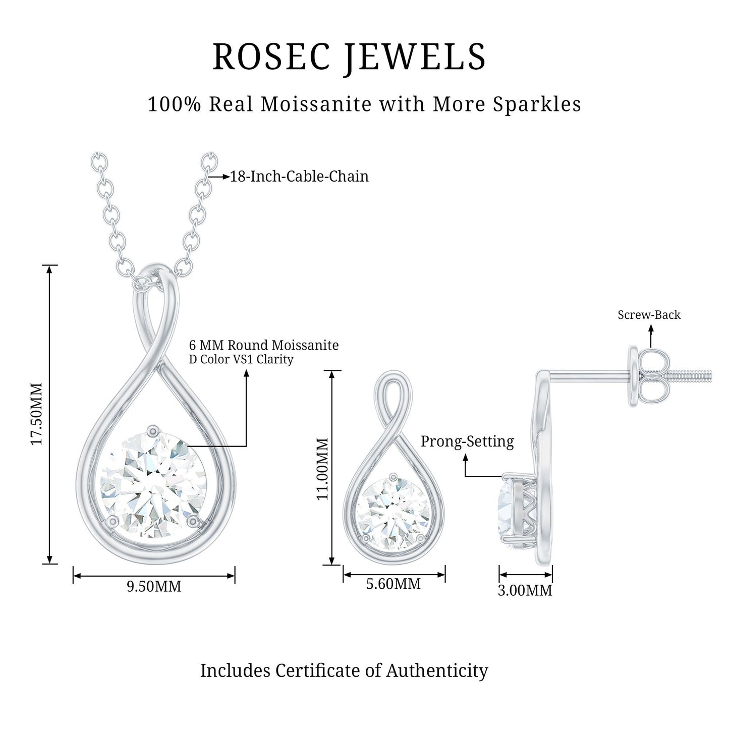 1.6 Carat Certified Moissanite Solitaire Infinity Jewelry Set