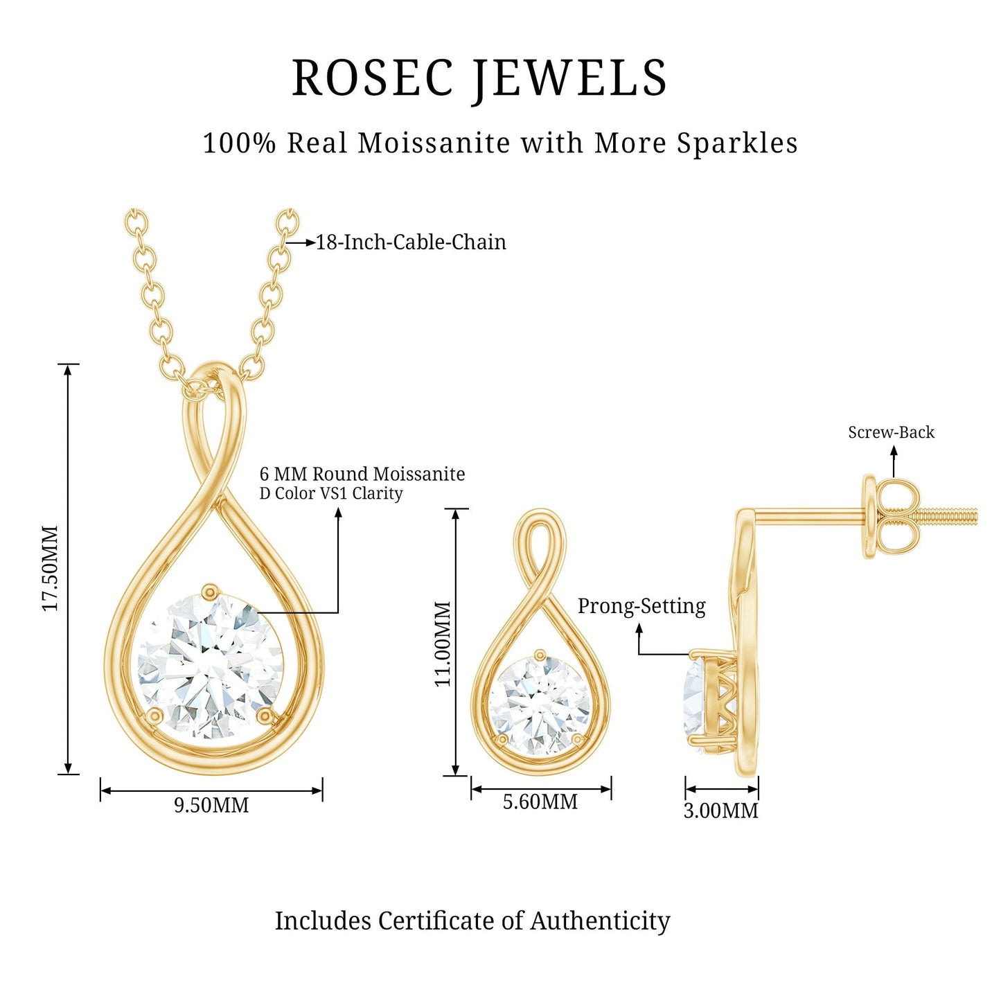 1.6 Carat Certified Moissanite Solitaire Infinity Jewelry Set