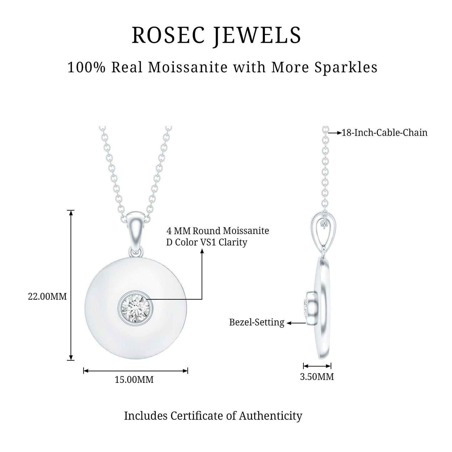 Certified Round Moissanite Disc Necklace in Bezel Setting
