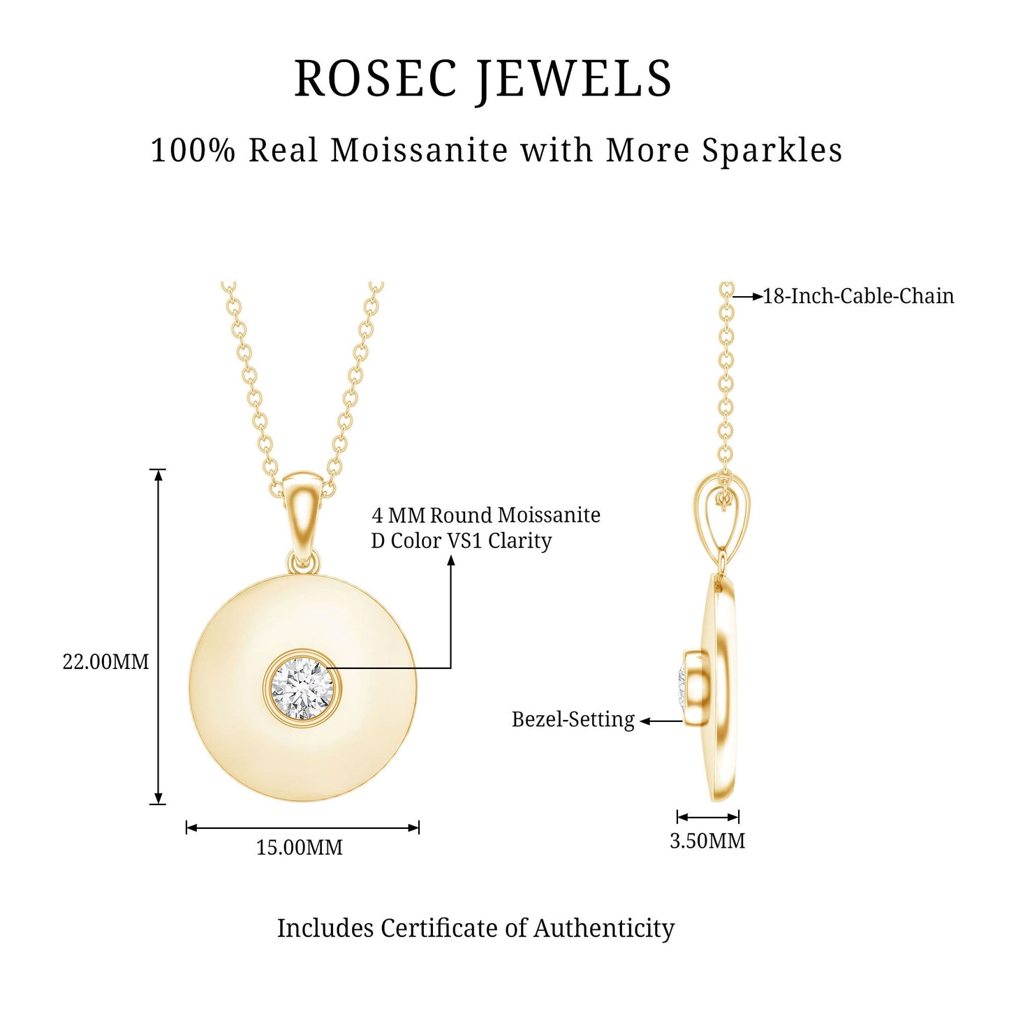 Certified Round Moissanite Disc Necklace in Bezel Setting