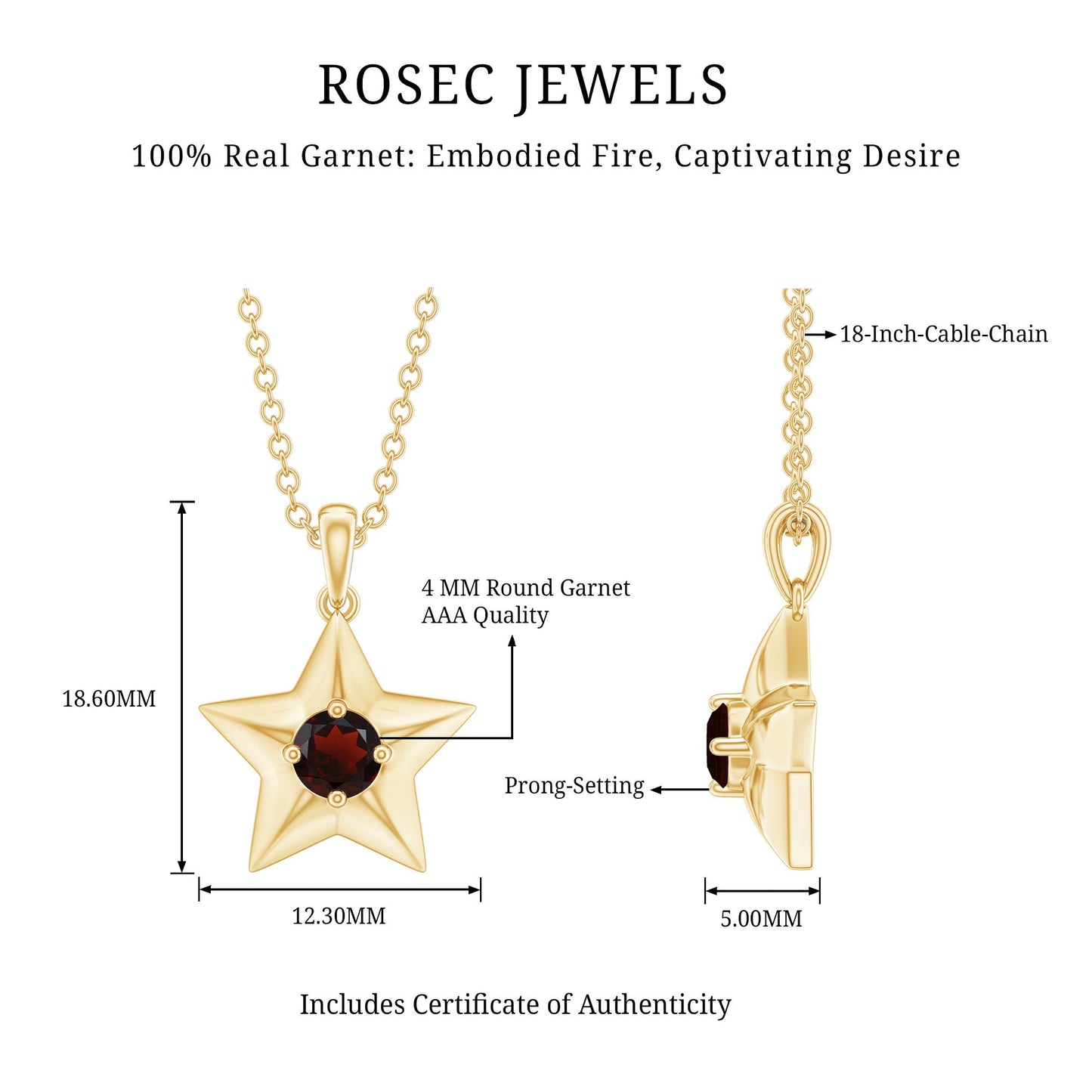 Natural Garnet Star Charm Pendant Necklace With Chain
